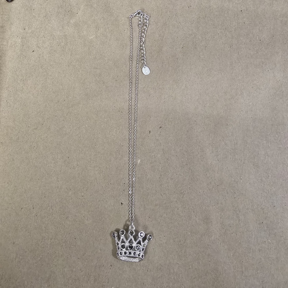 ICING Silver Crown Pendant Charm with Round White Crystals on Cable Chain